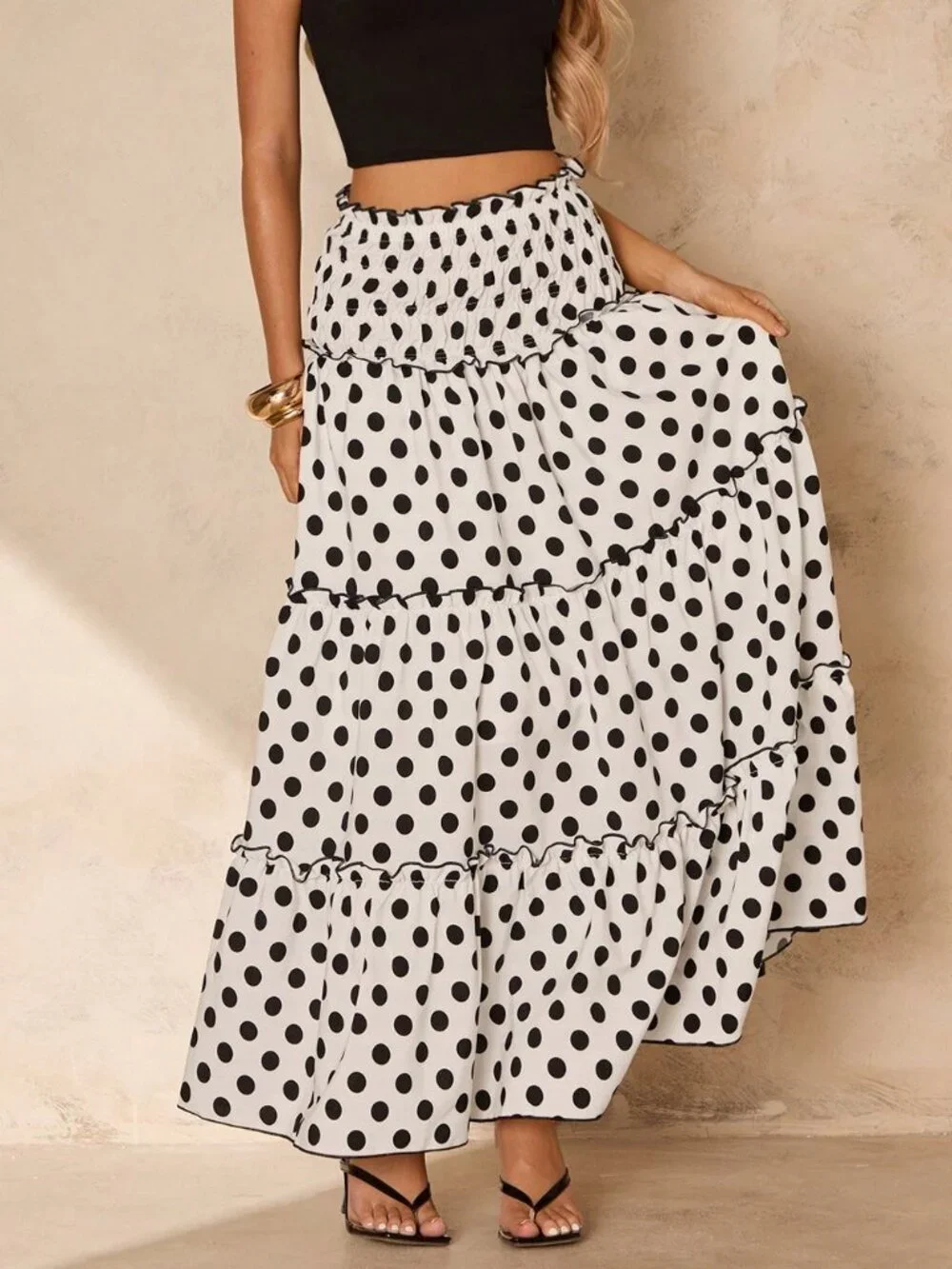 Black and White Casual Women's Polka Dot Boho Long Flare Skirt